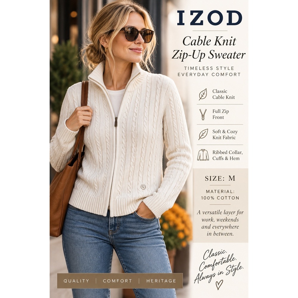 IZOD Womens Cable Knit Full Zip Sweater Cream White 100% Cotton Size M
